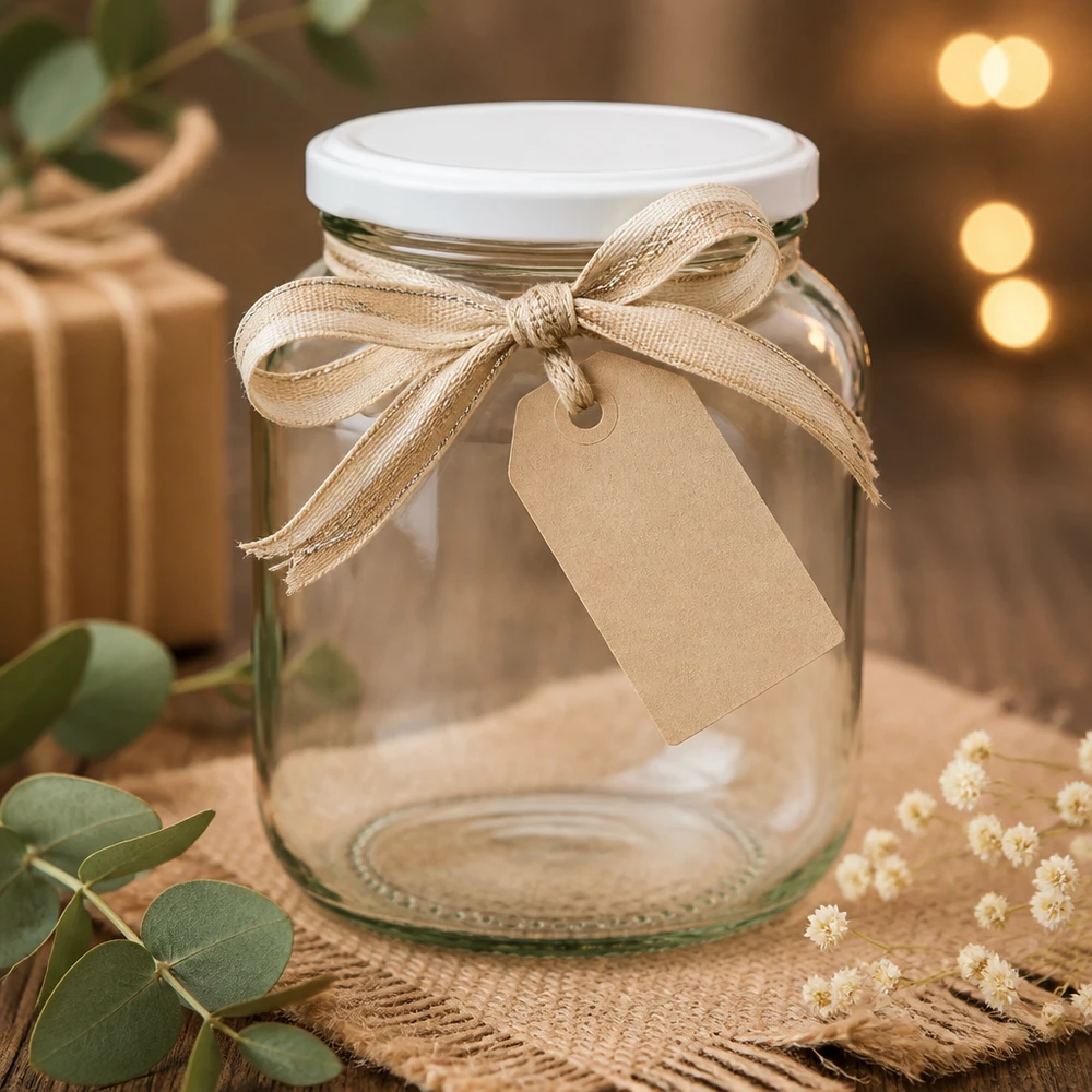 370 ml słoik owalny z pokrywką BasicSeal, biały UNiTWIST 370ml Ovalglas UNiTWIST mit weißem Deckel dekorativ gestaltet mit Juteband und Geschenkanhänger als Geschenkidee