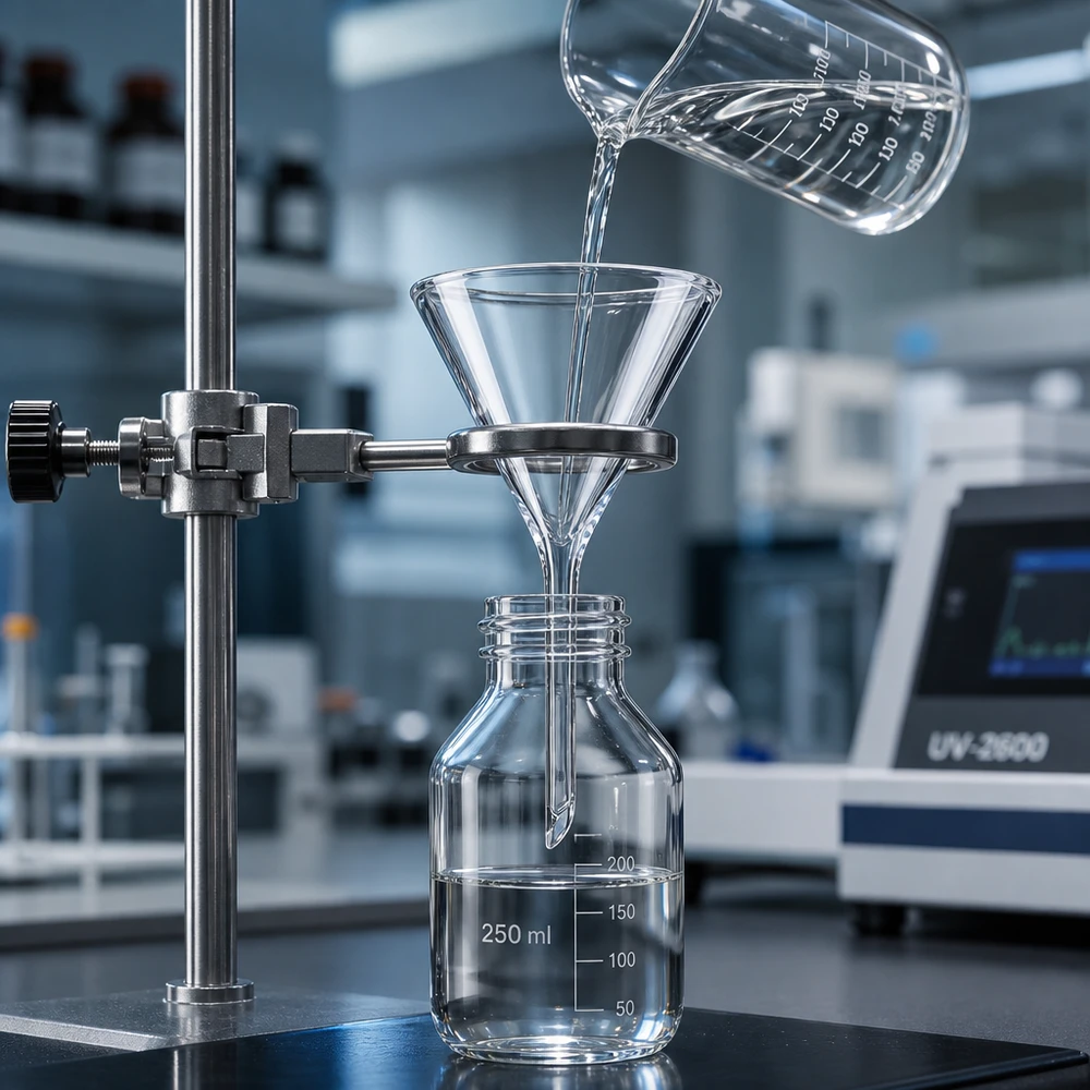 Kompaktowy lejek laboratoryjny 40 mm wykonany ze szkła sodowo-wapniowego z krótkim uchwytem oszczędzającym miejsce w ograniczonych przestrzeniach roboczych