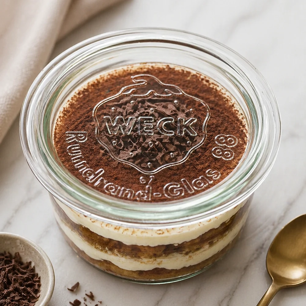 Szklana pokrywka WECK RR80 na deser tiramisu w słoiku Weck z wytłoczonym logo i posypką kakaową jako scenką kuchenną