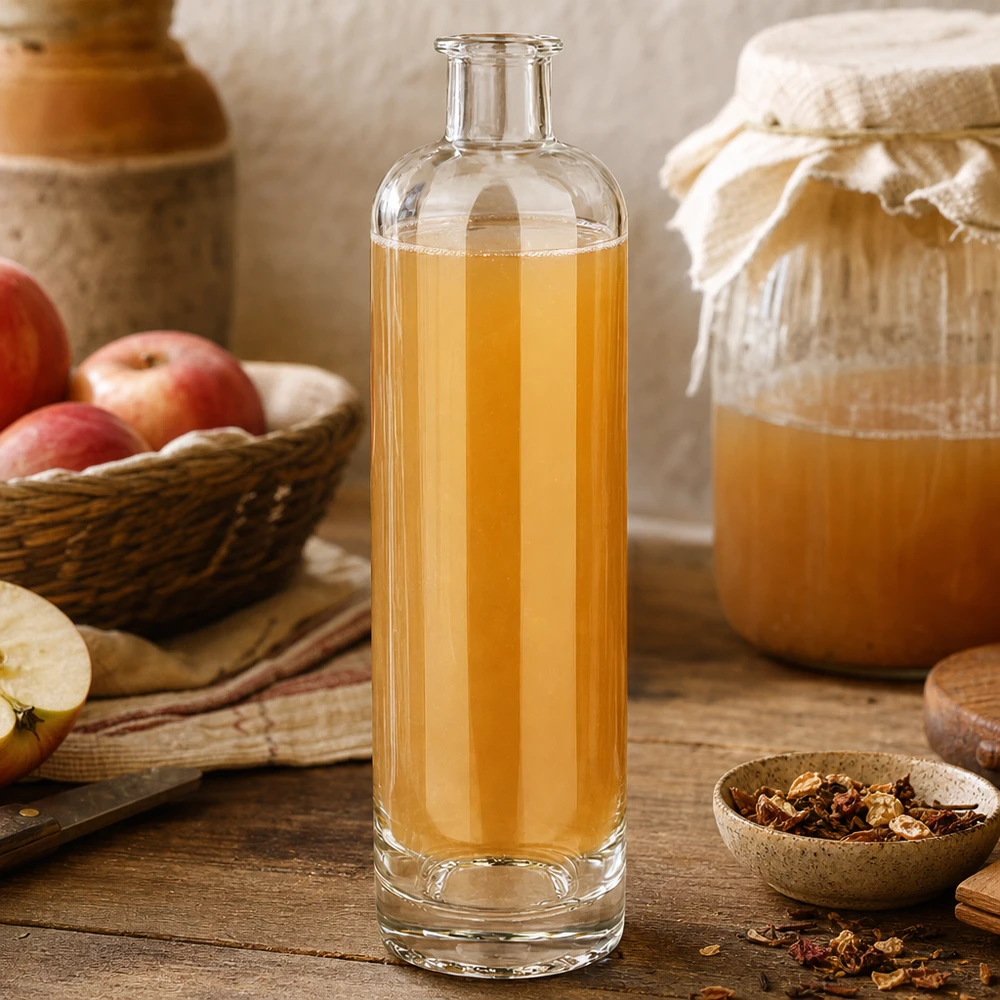 Szklana butelka Ella 500 ml bez zamknięcia UNiTWIST® 500 ml szklana butelka Ella UNiTWIST wypełniona sokiem jabłkowym obok świeżych jabłek i miodu w rustykalnej scenerii kuchni