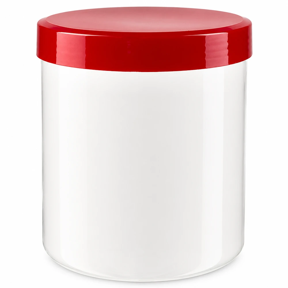 Słoiczek na maść 10g biały z czerwoną zakrętką (PP) Biały słoiczek na maści o pojemności 10 g z czerwoną plastikową nakrętką typu PP, przeznaczony do przechowywania maści i kremów