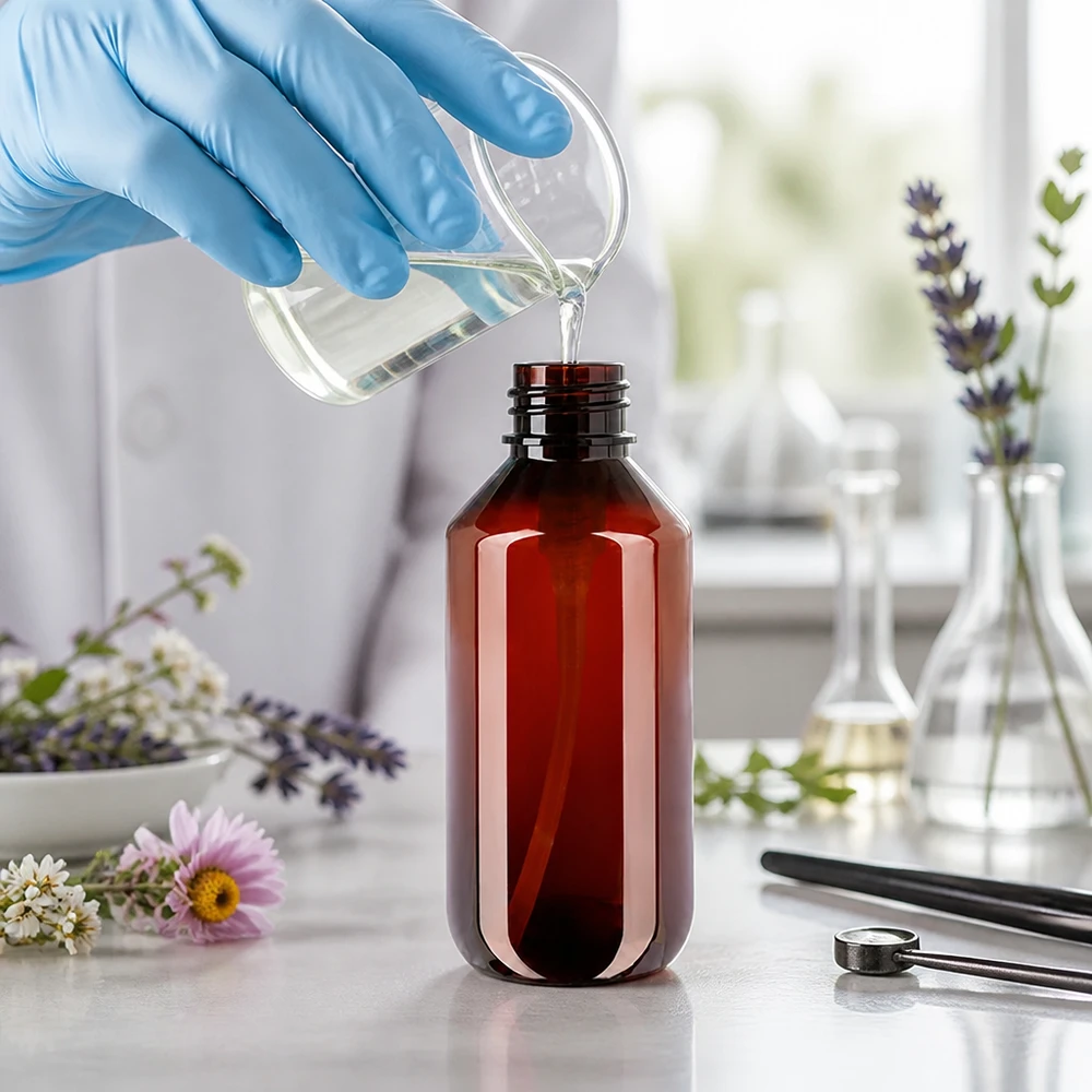 Ręczne napełnianie w laboratorium butelki PET o pojemności 200 ml, w kolorze bursztynowym, wyposażonej w czarną pompkę dozującą