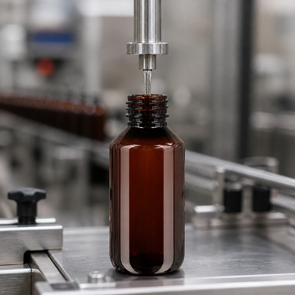 Zylindrische braune PET Flasche 200ml wird in Abfüllmaschine mit Flüssigkeit gefüllt
