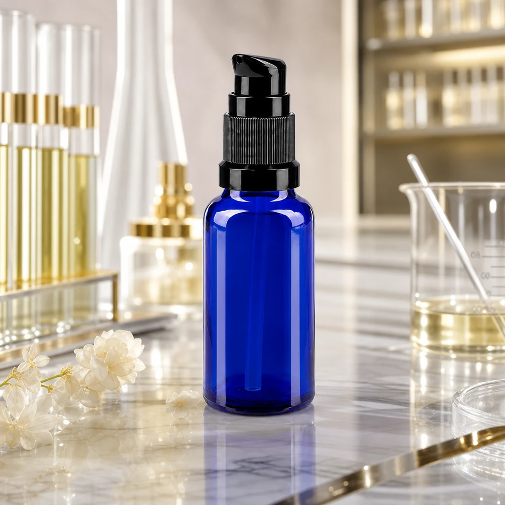 Butelka apteczna niebieska 20ml zakrętka z pompką czarna St Niebieska butelka z pompką o pojemności 20 ml, wykonana ze szkła aptecznego, w laboratorium wraz z zlewką i probówkami