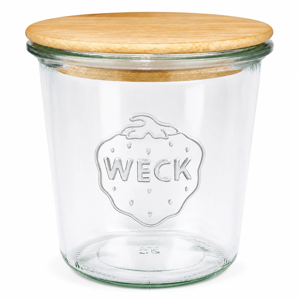 Kubki WECK RR100 o pojemności 580 ml z drewnianą pokrywką Słoik WECK RR100 o pojemności 580 ml z naturalną drewnianą pokrywką, przezroczysty słoik z wytłoczonym logo