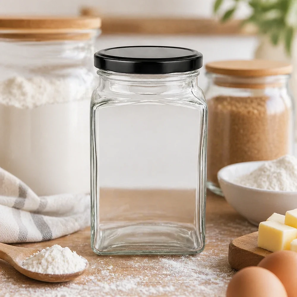 260 ml szklane opakowanie czworokątne z pokrywką BasicSeal w kolorze czarnym UN..