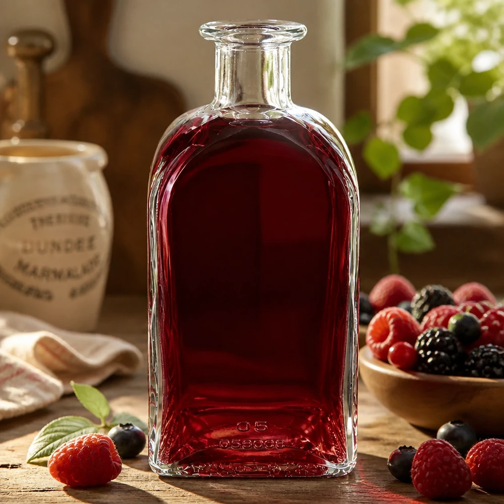 Szklana butelka Julia 500ml wypełniona czerwonym płynem otoczona jagodami jako dekoracja na drewnianym stole