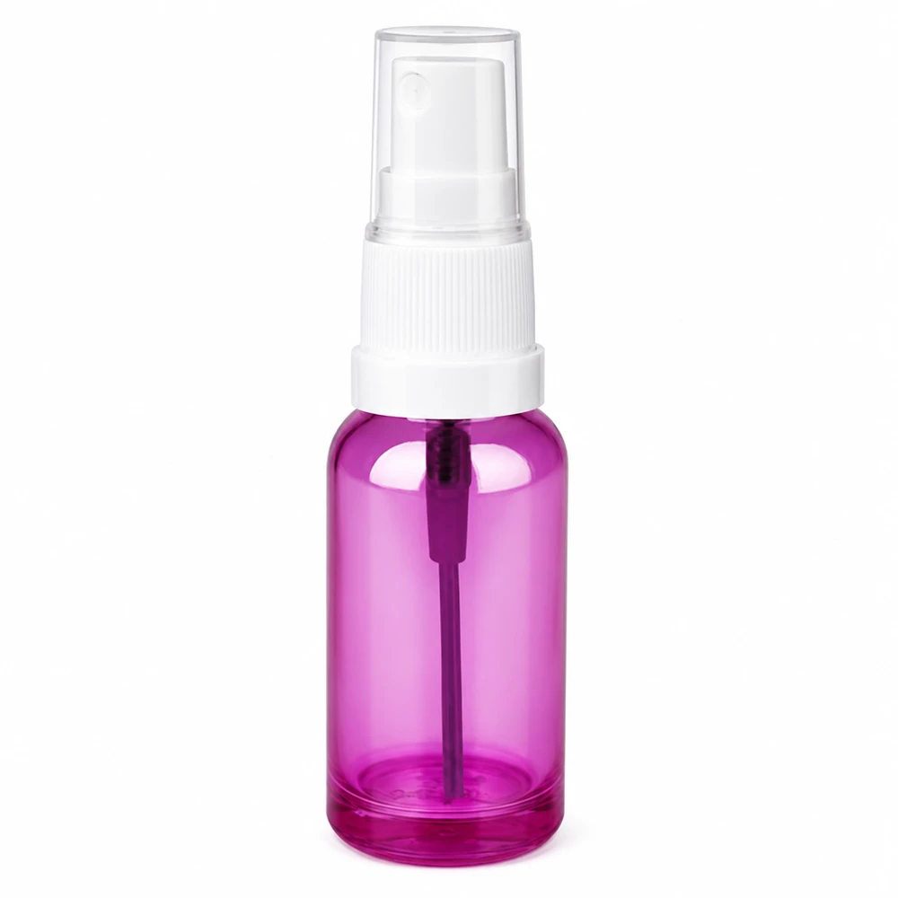 Butelka z rozpylaczem 20 ml biała/przezroczysta Standard PurpleLine UT18/20 Fioletowa, przezroczysta butelka z rozpylaczem o pojemności 20 ml i białą pompką do kosmetyków i produktów pielęgnacyjnych
