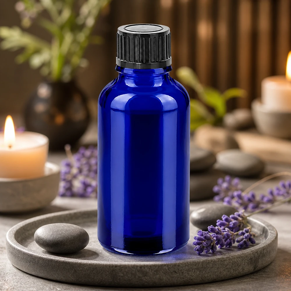 30 ml szklana butelka w kolorze kobaltowego błękitu z zakrętką 11 mm do profesjonalnych zastosowań w aromaterapii