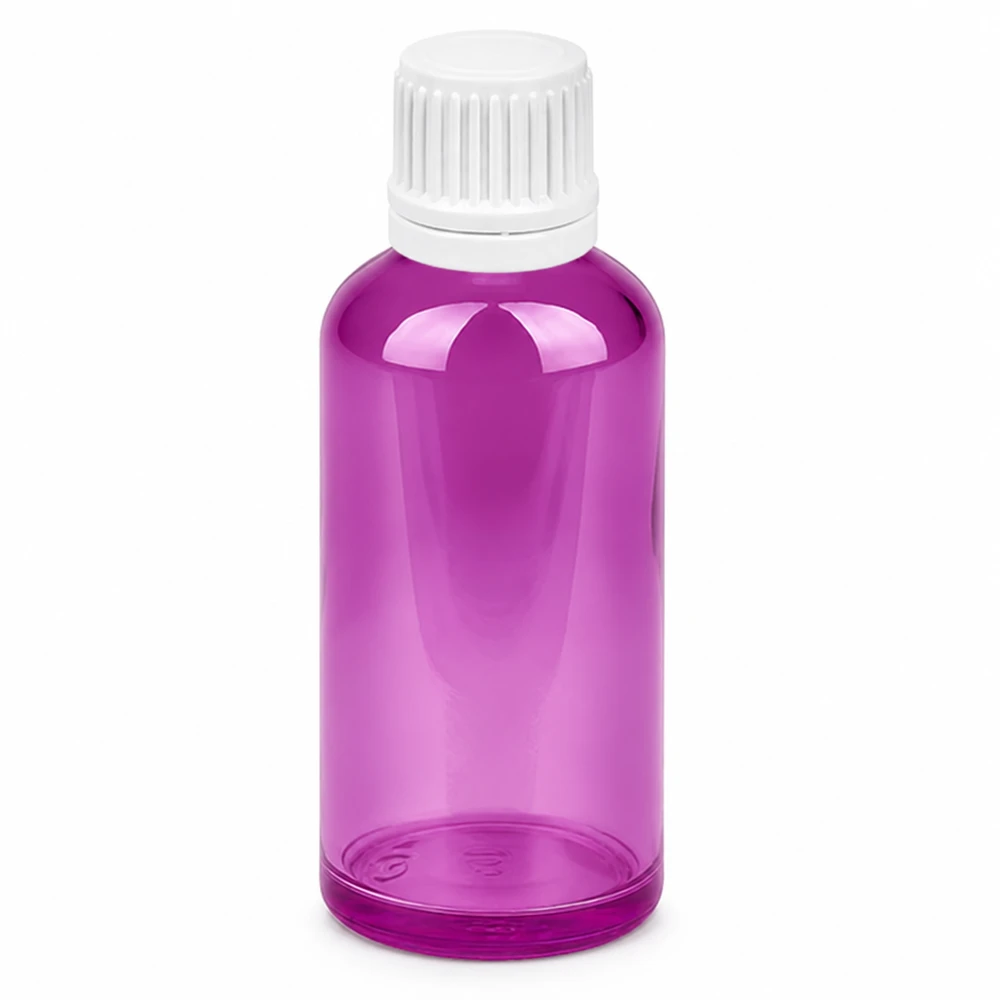 Butelka z zakraplaczem 50 ml 0,7 mm biała Oryginalna zakrętka PurpleLine UT18/50 Butelka z zakraplaczem o pojemności 50 ml, fioletowo-przezroczysta z białą nakrętką do precyzyjnego dozowania