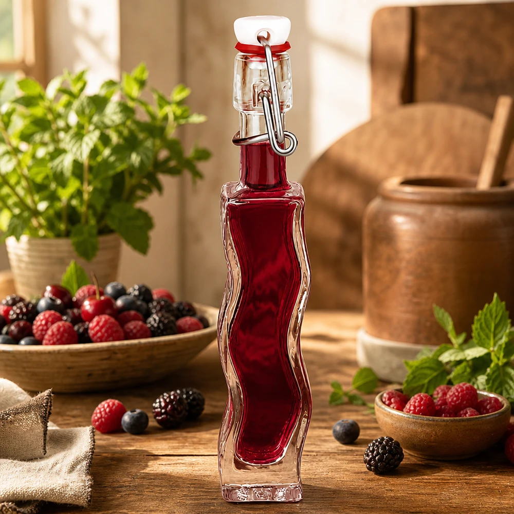 40ml Glasflasche Anna mit Beerensaft gefüllt, dekorativ arrangiert mit frischen Beeren und Minze auf Holztisch