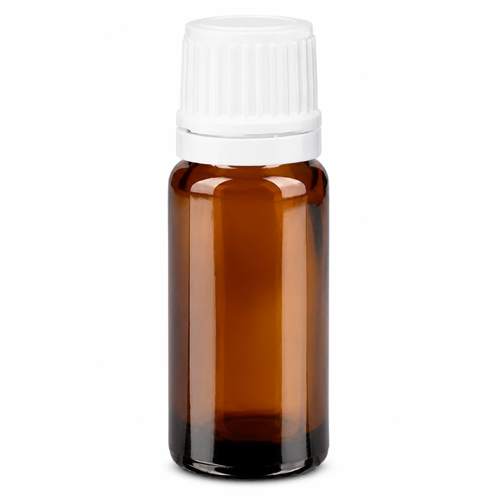10 ml brązowa szklana buteleczka apteczna z białym zakrętkiem z kroplomierzem w stanie fabrycznym oraz otworem o średnicy 0,7 mm