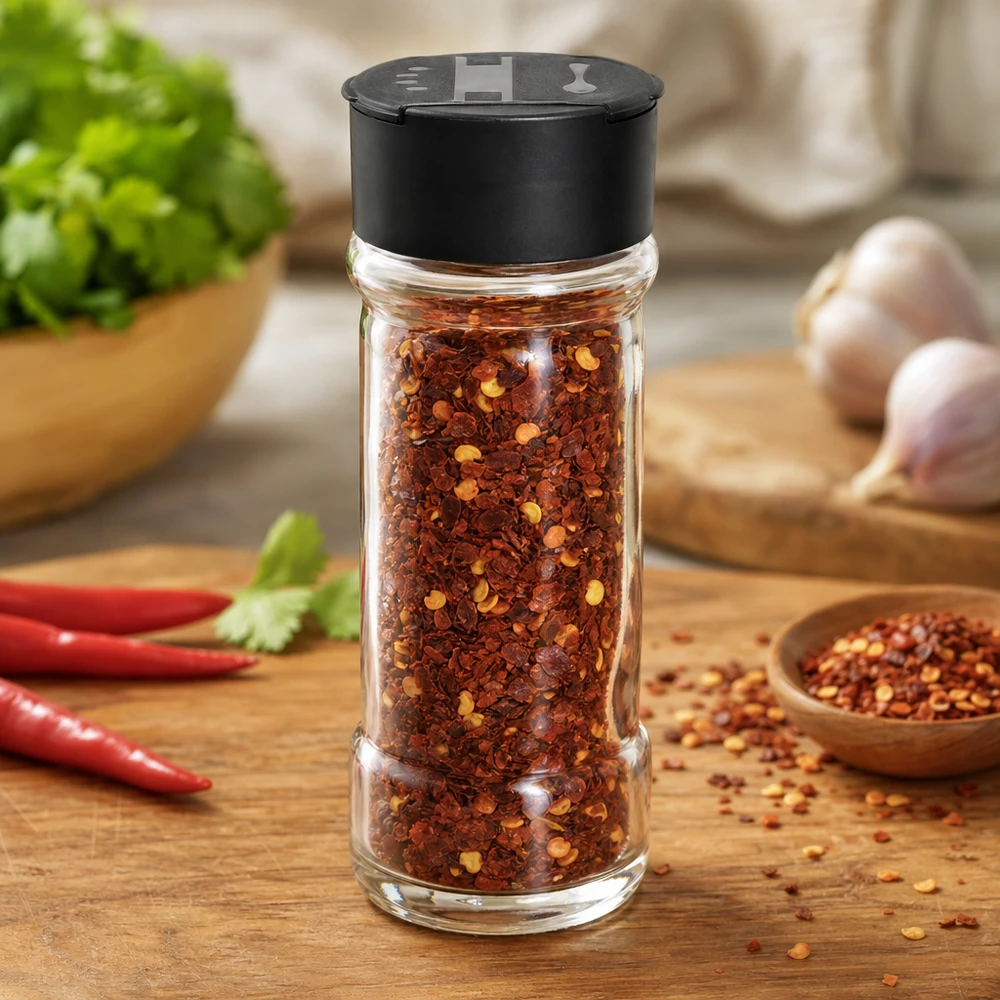 Słoik na sól/przyprawy 100 ml z podwójną dozownicą, czarny Przezroczysty szklany słoik o pojemności 100 ml, wypełniony płatkami chili, z czarnym podwójnym dozownikiem
