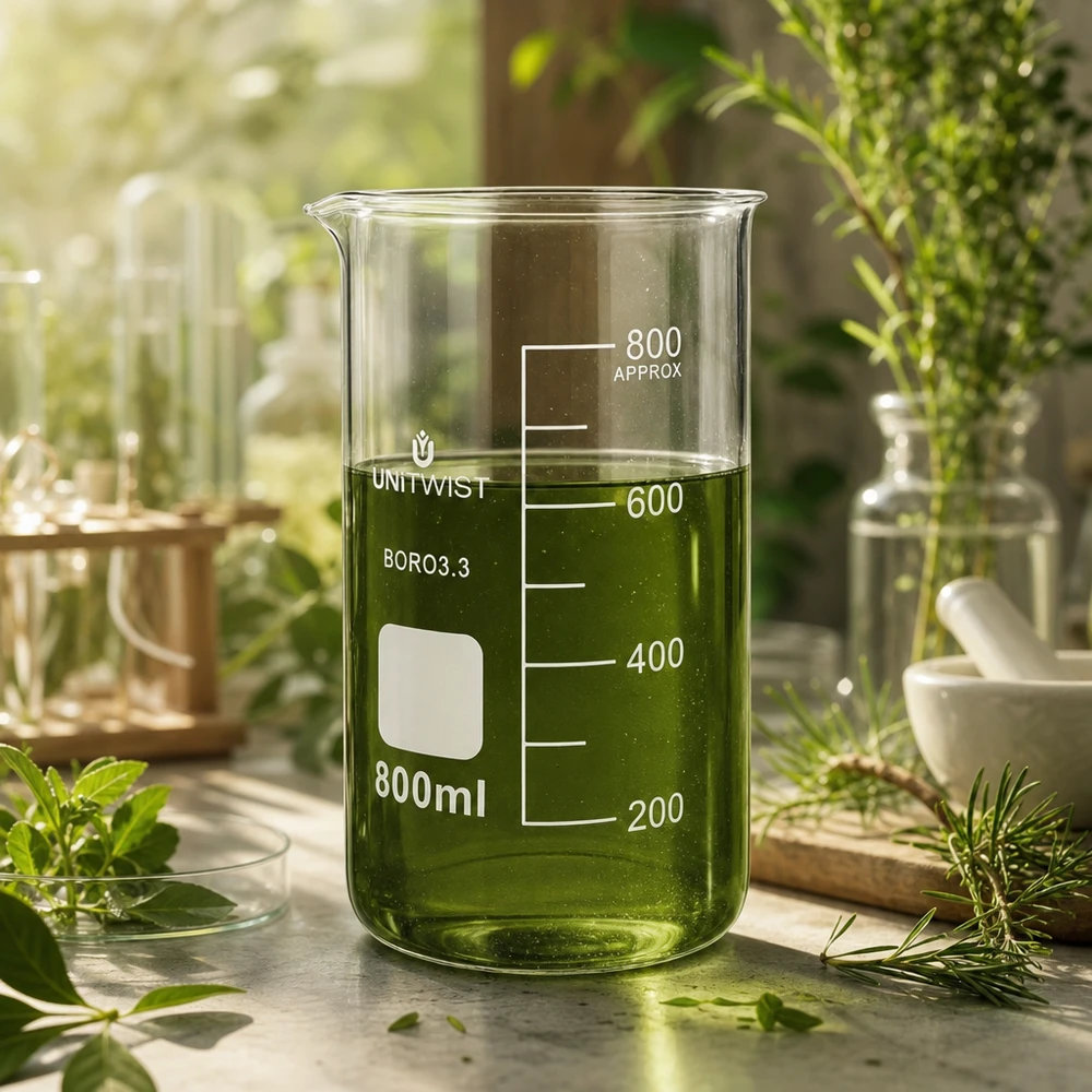 Zlewka 800ml borokrzemianowa, wysoka UNITWIST Szklanka o pojemności 800 ml, wysoka, model UNITWIST, z zielonym ekstraktem roślinnym otoczonym świeżymi ziołami