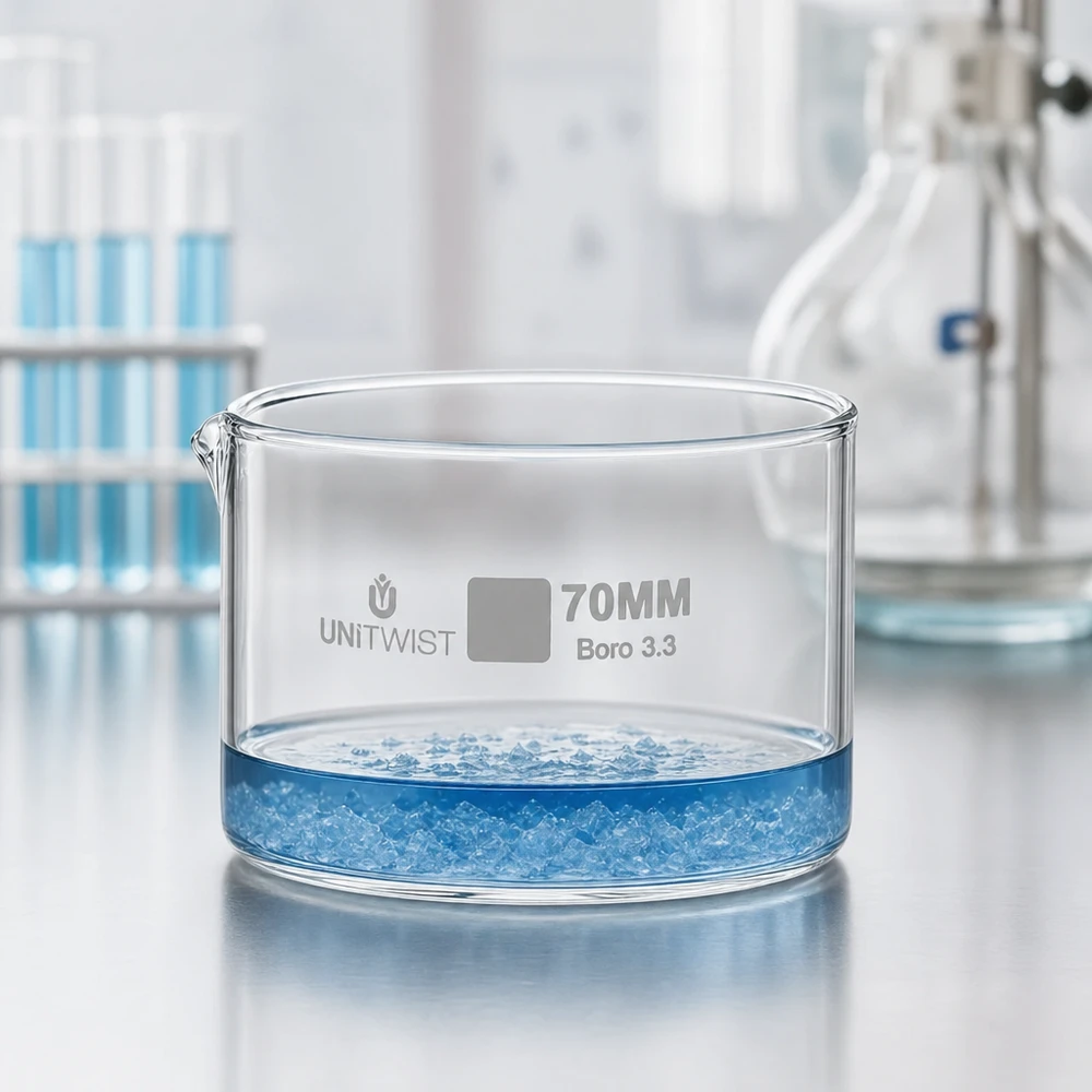 Naczynie krystalizacyjne ø70 mm ze szkła borokrzemowego UNiTWIST Miska do krystalizacji UNiTWIST, ø70 mm, Boro 3.3, z niebieskimi kryształkami, na stole laboratoryjnym