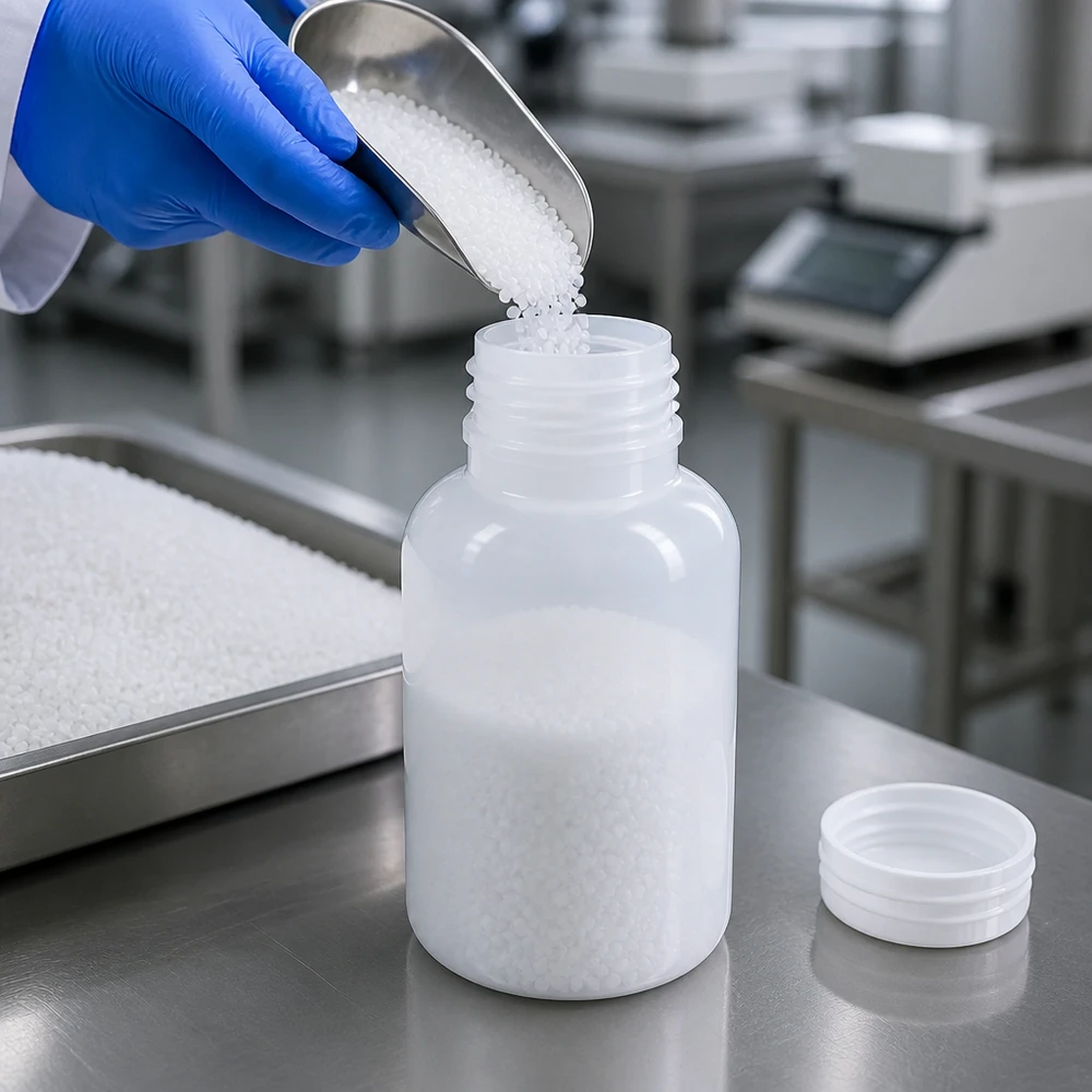 Butelka laboratoryjna 250 ml z szeroką szyjką bez zakrętki Białe butelki o pojemności 250 ml z szeroką szyjką, wykonane z HDPE, bez nakrętki, na powierzchni ze stali nierdzewnej w laboratorium
