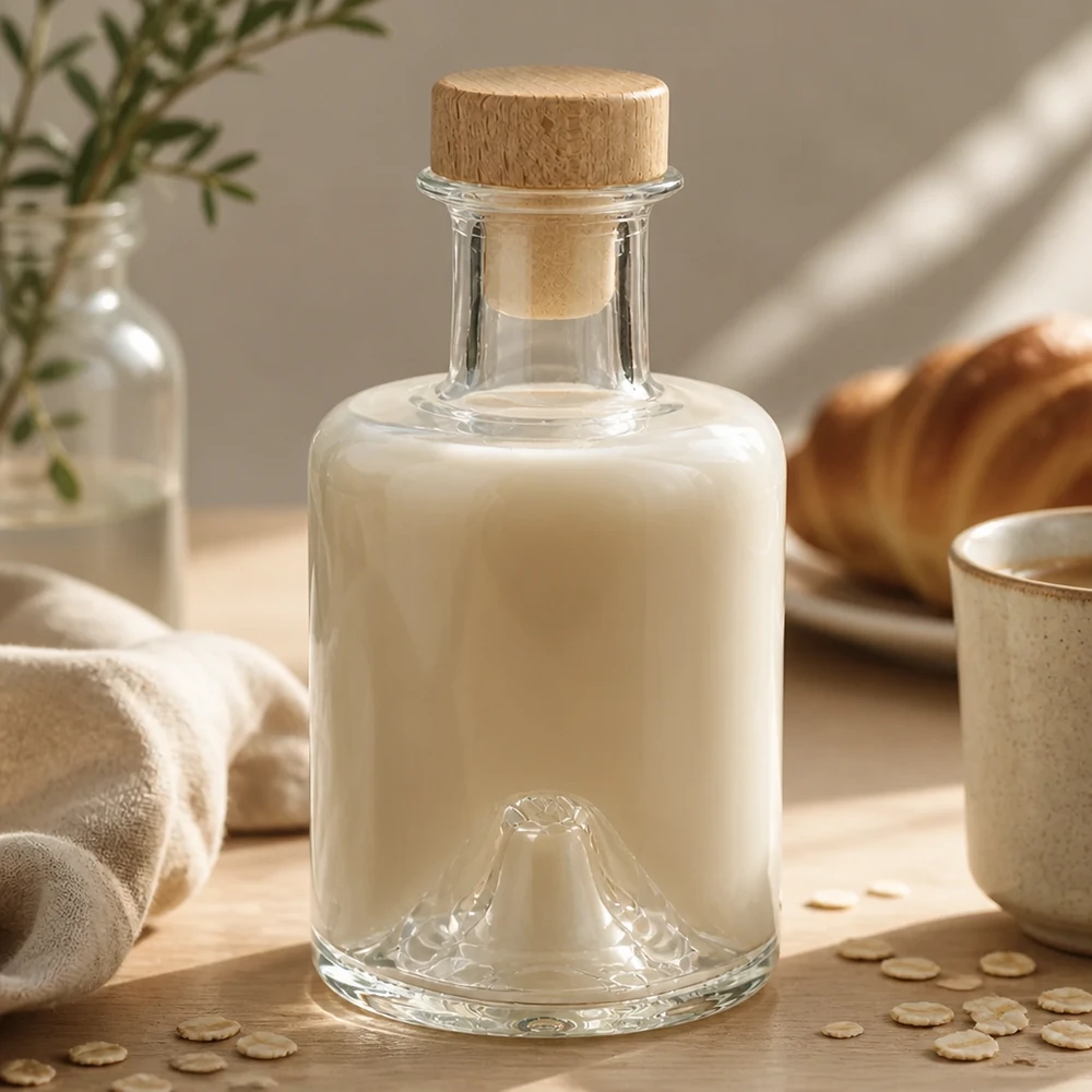 Szklana butelka Sofia o pojemności 200 ml z drewnianym korkiem wypełniona kremowym mlekiem owsianym w naturalnej kuchennej atmosferze z płatkami owsianymi.