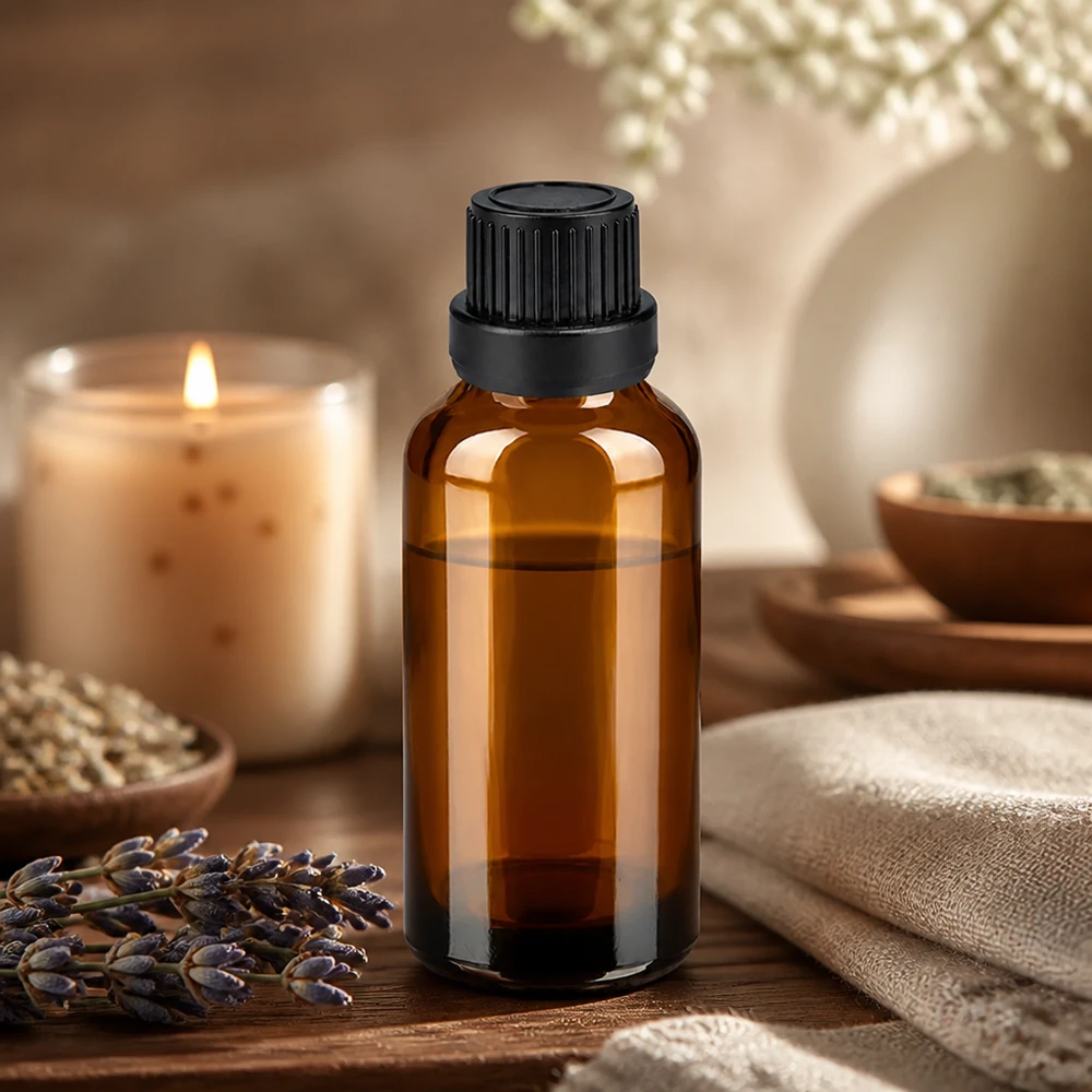 Kompaktowa butelka z bursztynowego szkła o pojemności 30 ml, idealna do aromaterapii i naturalnych produktów do pielęgnacji skóry.