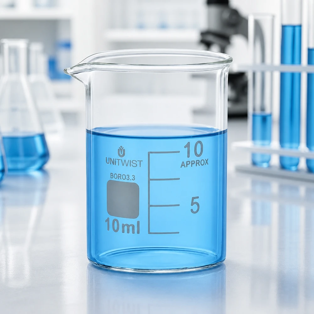 Zlewka 10 ml borokrzemianowa, niska forma UNiTWIST Przezroczysta zlewka laboratoryjna o pojemności 10 ml z niebieskim płynem na białym stole laboratoryjnym
