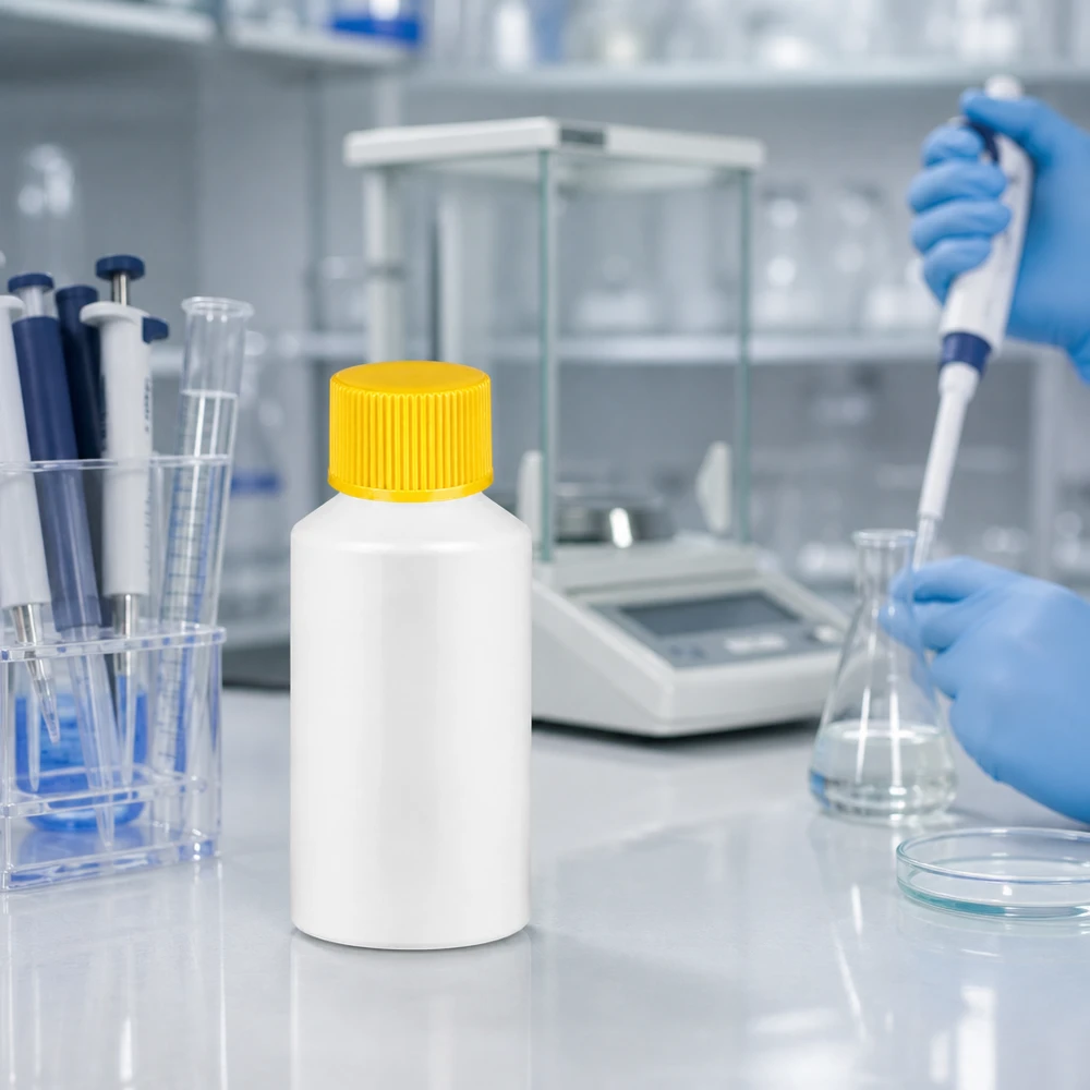Butelka apteczna HDPE 50ml biała, z żółtym SV Mała biała buteleczka apteczna z HDPE o pojemności 50 ml z żółtym zamknięciem zabezpieczającym przed dziećmi na białym blacie laboratoryjnym