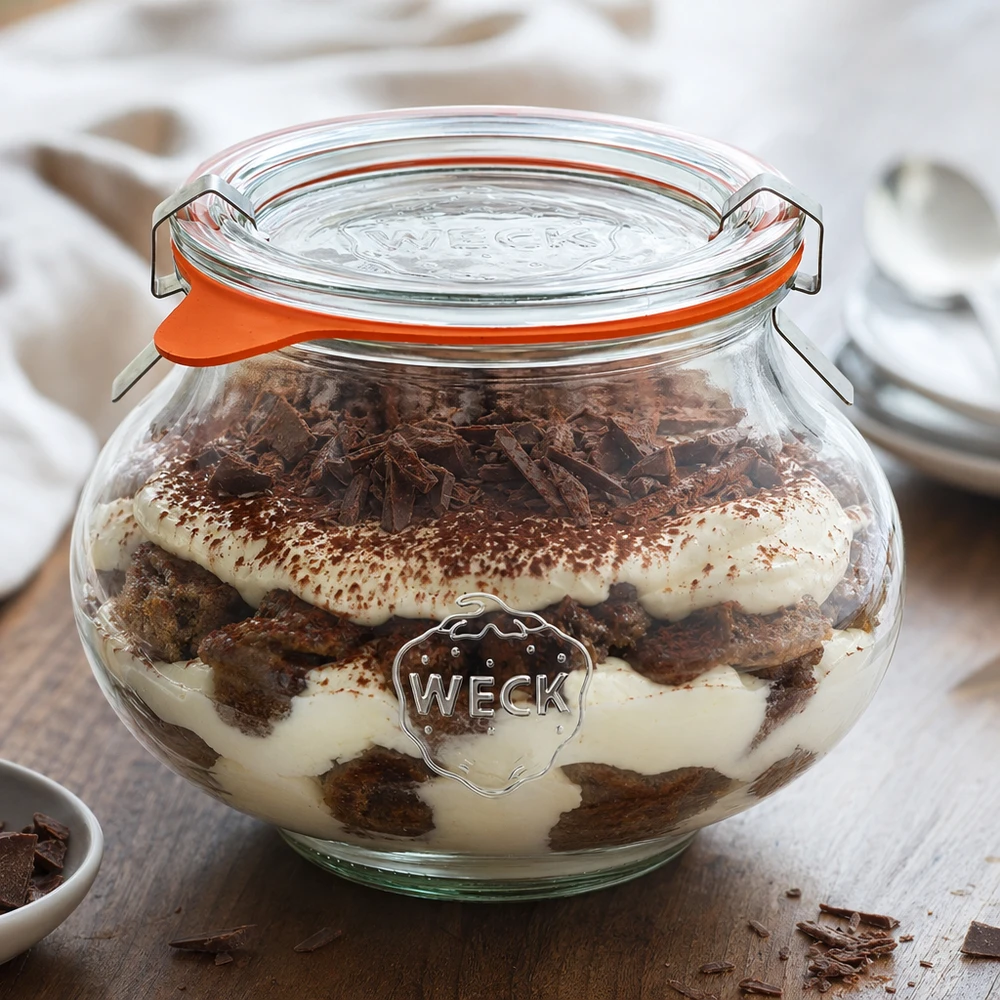 Kompletny słoik dekoracyjny WECK RR80 o pojemności 560 ml Słoik konserwujący WECK 560ml wypełniony deserem tiramisu, demonstracja praktycznego zastosowania jako słoik do przechowywania