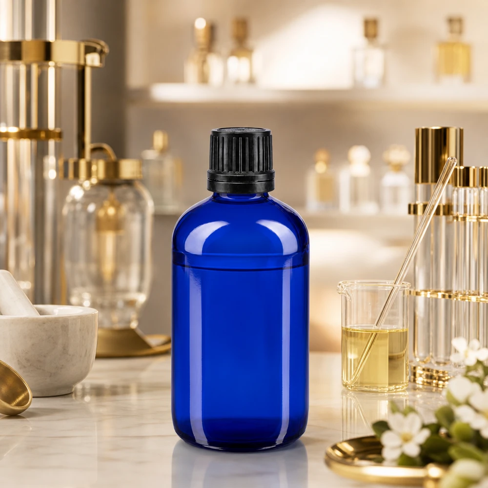 Niebieska szklana butelka apteczna o pojemności 100 ml z czarnym zamknięciem OV w laboratorium perfumeryjnym
