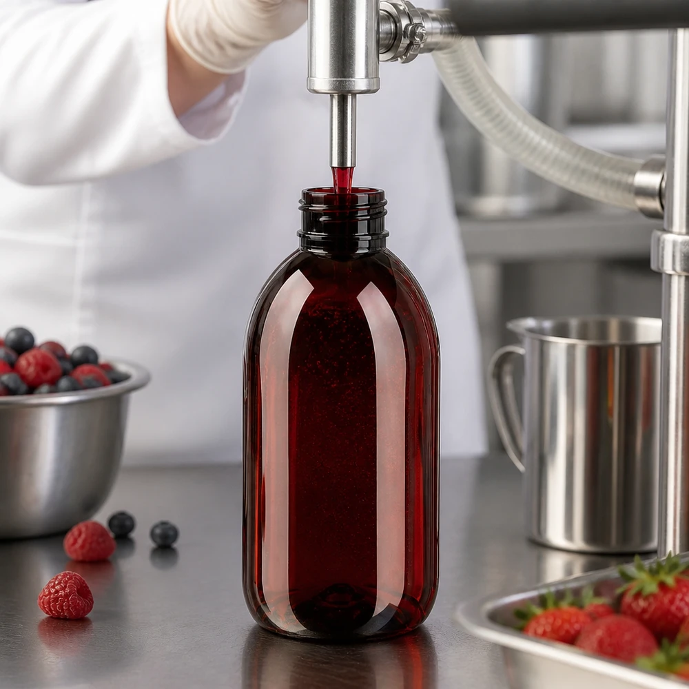 Rozlewanie ekstraktu z czerwonych jagód do butelek PET o pojemności 250 ml z zamknięciem zabezpieczającym
