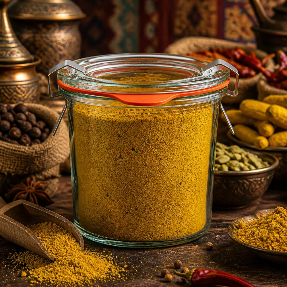 Słoik WECK o pojemności 140 ml, wypełniony żółtą przyprawą curry w proszku, otoczony orientalnymi przyprawami
