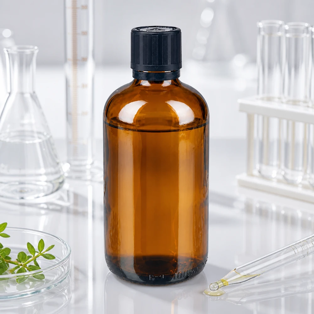 Apotfl. brown 100ml kroplówka v. Pr 1mm s. KiSi Bliw OV Butelka z brązowego szkła o pojemności 100 ml z czarną nakrętką zabezpieczającą przed dziećmi, znajdująca się w laboratorium pomiędzy kolbą Erlenmeyera a probówkami