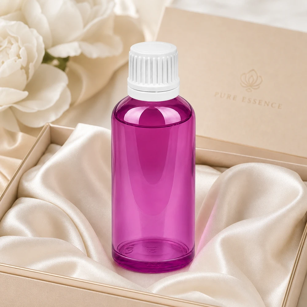 Elegancka butelka z zakraplaczem o pojemności 50 ml z wzorem Purple Line i białą nakrętką do aromaterapii
