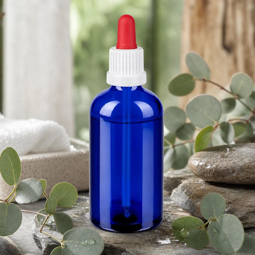 Butelka do leków płynnych 100 ml biała/czerwona OV BlueLine UT18/100 Profesjonalny sprzęt laboratoryjny: niebieska szklana butelka o pojemności 100 ml z białą zakrętką i czerwoną nasadką do pipety