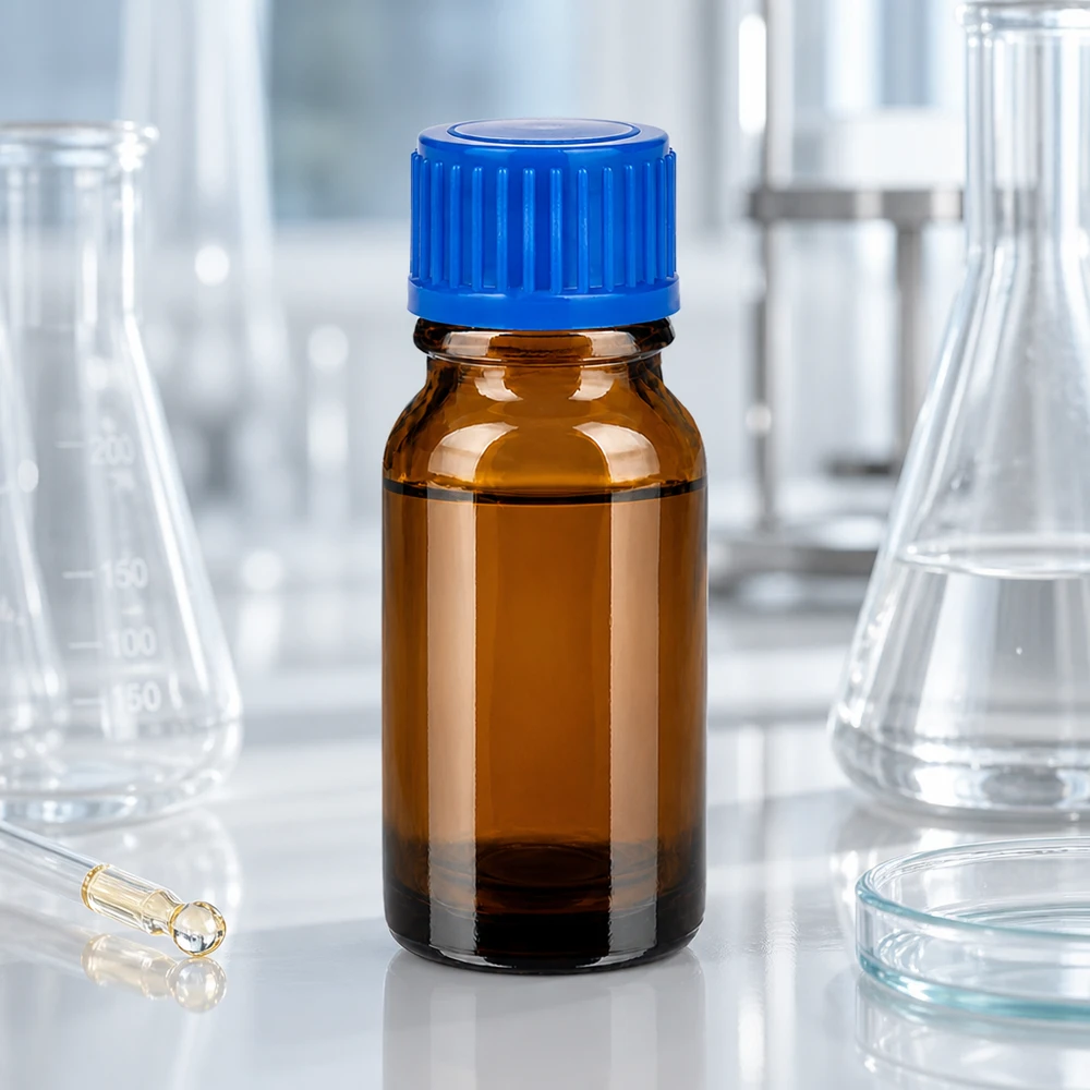 10 ml szklana butelka laboratoryjnej jakości w kolorze brązowym z niebieską zakrętką do precyzyjnego dozowania