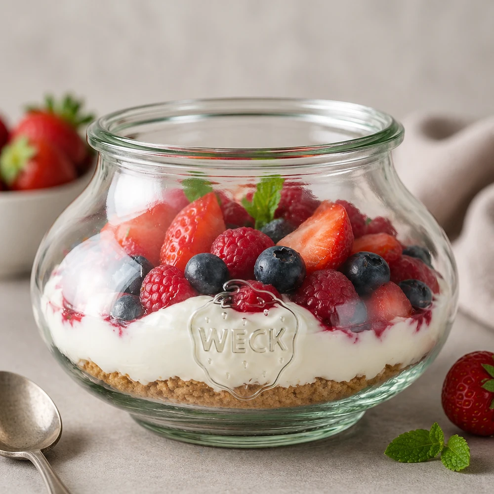 Szklany słoik dekoracyjny WECK RR80 o pojemności 560 ml WECK Schmuckglas 560ml RR80 als elegantes Dessertglas mit Beerenmischung und Creme für stilvolle Tischdekoration