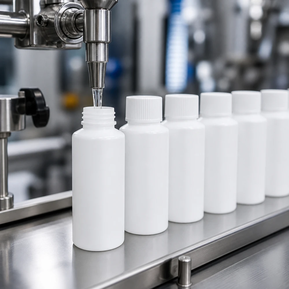 Automatyczne napełnianie białych butelek aptecznych z HDPE o pojemności 30 ml z zakrętką w produkcji farmaceutycznej