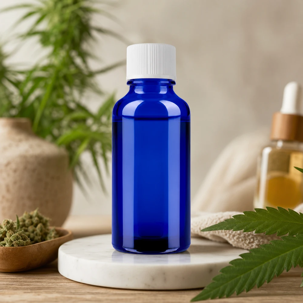 Butelka o pojemności 30 ml wykonana z wysokiej jakości szkła w kolorze kobaltowego błękitu z praktycznym gwintem 11 mm