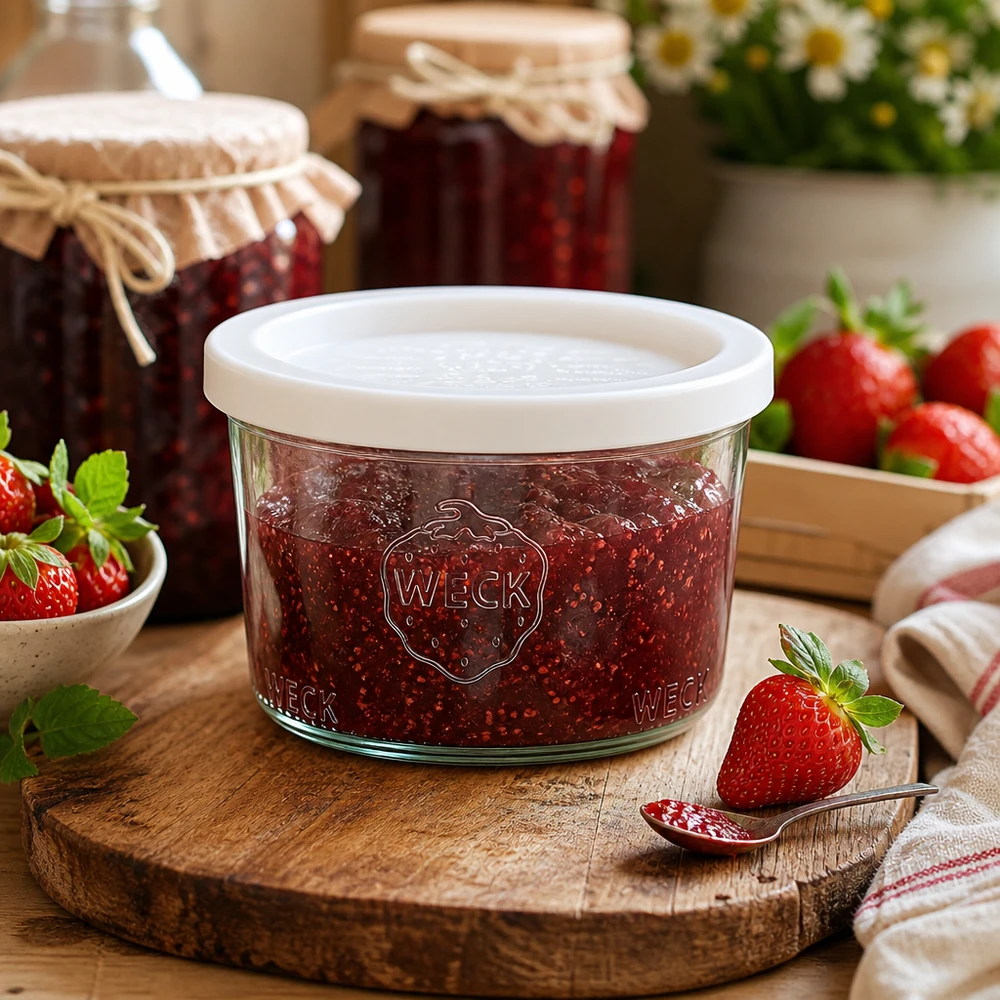 Kubki 200 ml z pokrywką zapewniającą świeżość WECK RR80 Słoik do przetworów WECK RR80 200 ml wypełniony dżemem truskawkowym na rustykalnej drewnianej desce obok świeżych truskawek