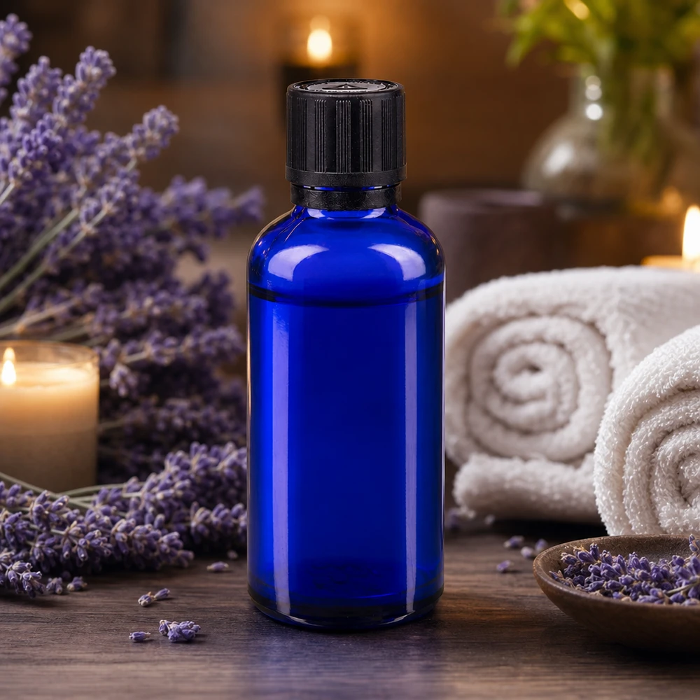 Niebieska szklana buteleczka o pojemności 50 ml z zakraplaczem, umieszczona wśród kwiatów lawendy i akcesoriów wellness