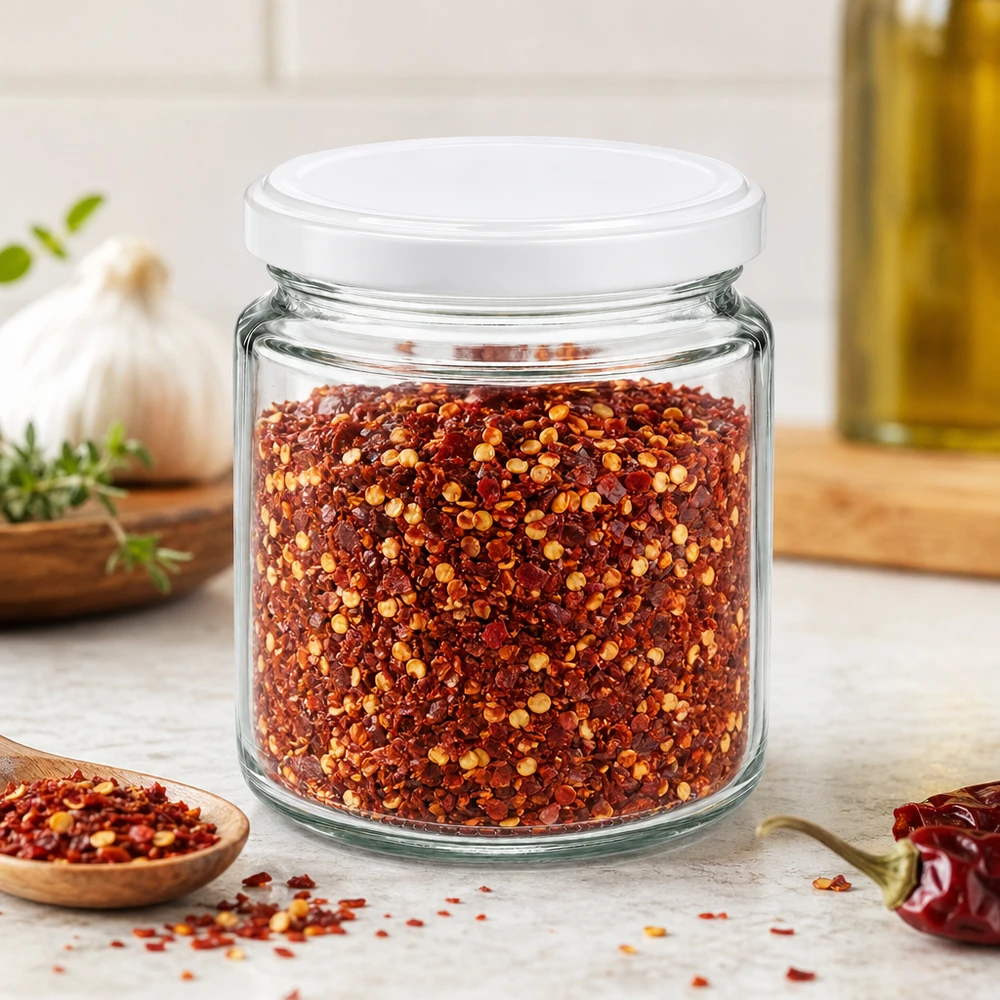 Słoik miodu o pojemności 250 ml z białą pokrywką BasicSeal wypełniony czerwonymi płatkami chili w śródziemnomorskiej scenerii kuchennej