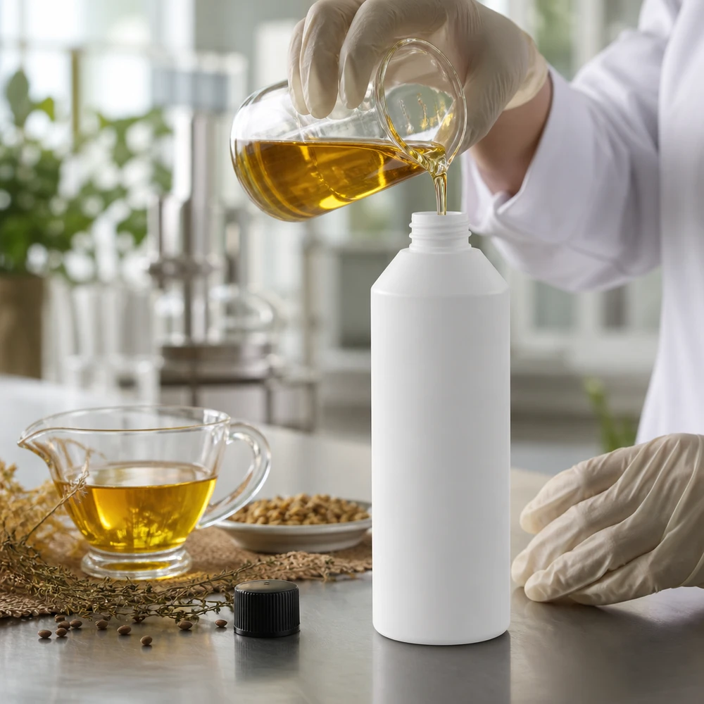 Technik laboratoryjny napełnia białą aptekową butelkę z HDPE o pojemności 250 ml ze złocistym olejem roślinnym i zakrętką