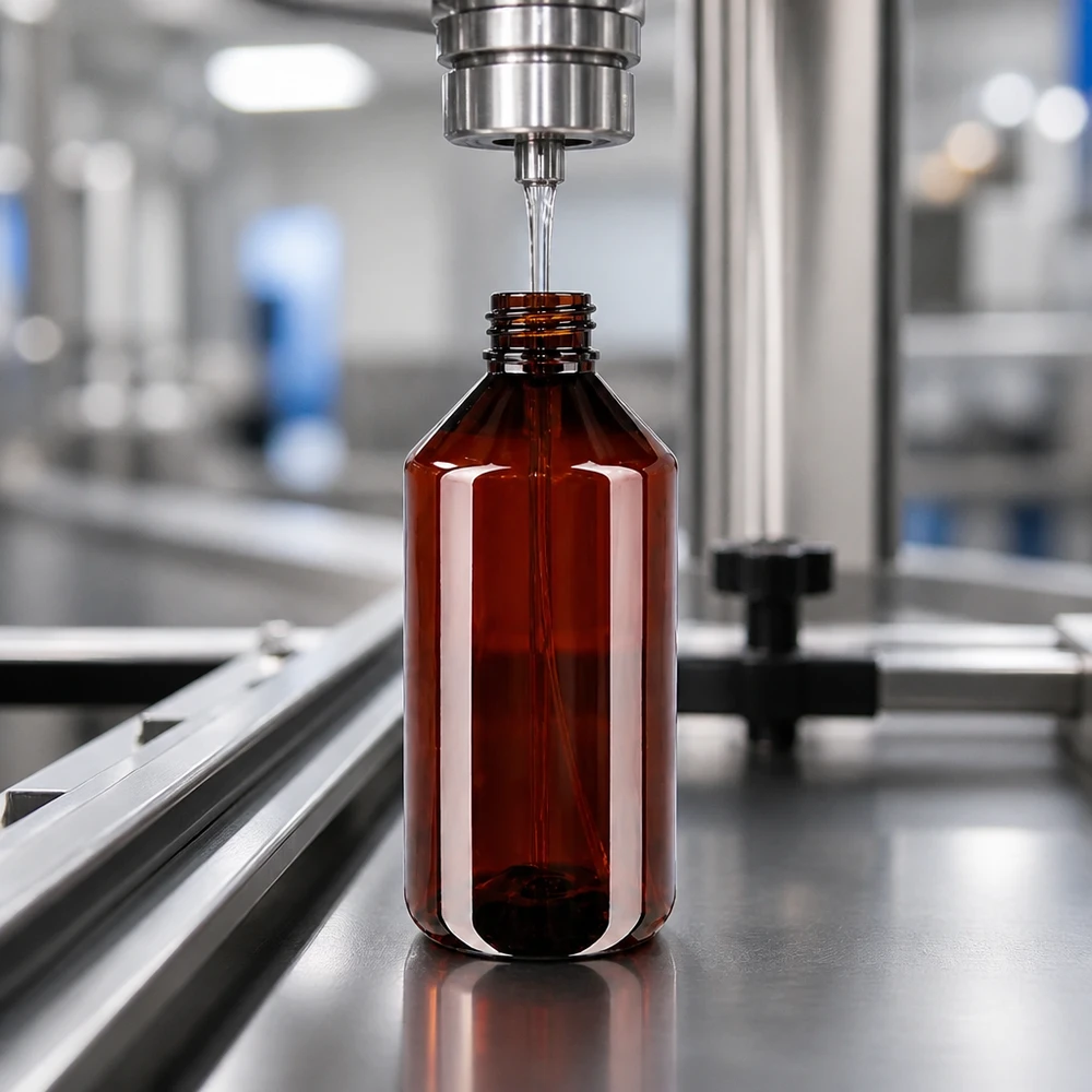 Automatyczna linia rozlewnicza napełnia brązową butelkę PET o pojemności 750 ml z atomizerem na linii produkcyjnej