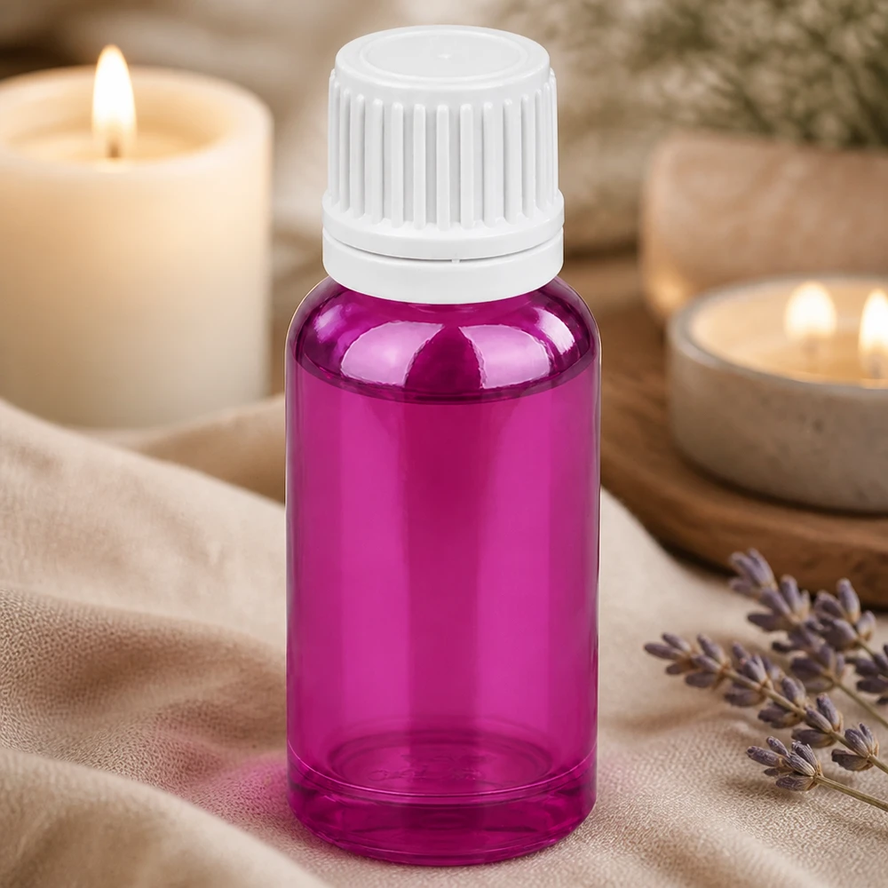 Butelka z zakraplaczem o pojemności 20 ml wykonana z wysokiej jakości tworzywa sztucznego z wzorem Purple-Line i białą zakrętką.