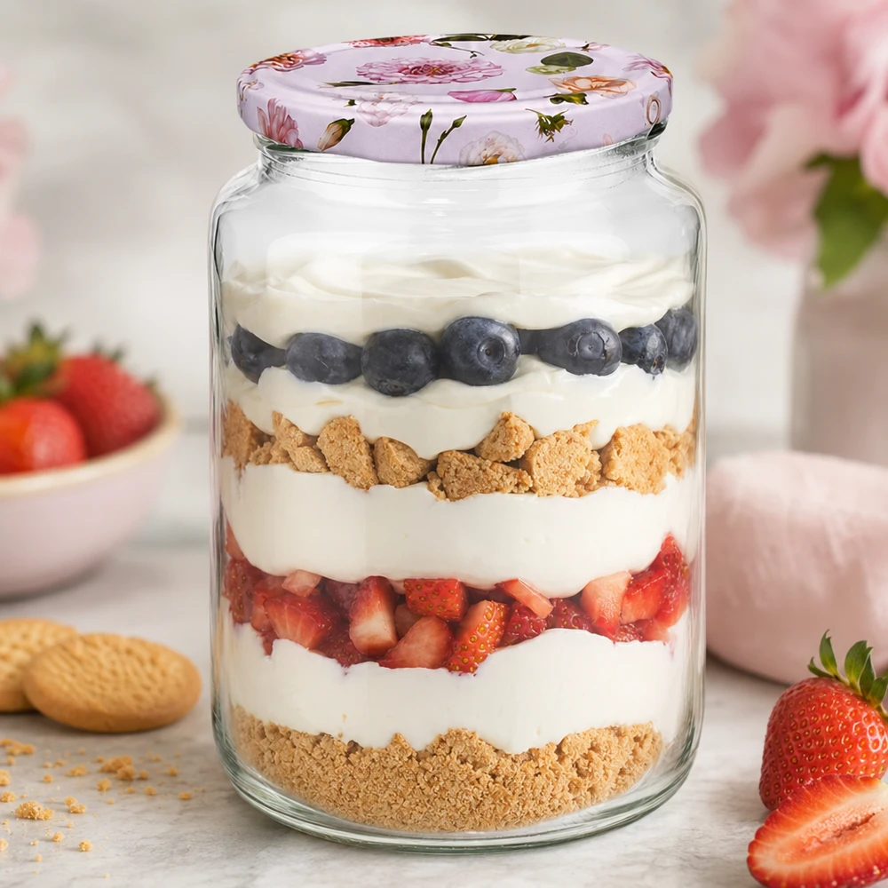795ml okrągły słoik z warstwowym deserem jogurt jagody herbatniki BasicSeal pokrywka różowe kwiaty deser słoik kuchnia