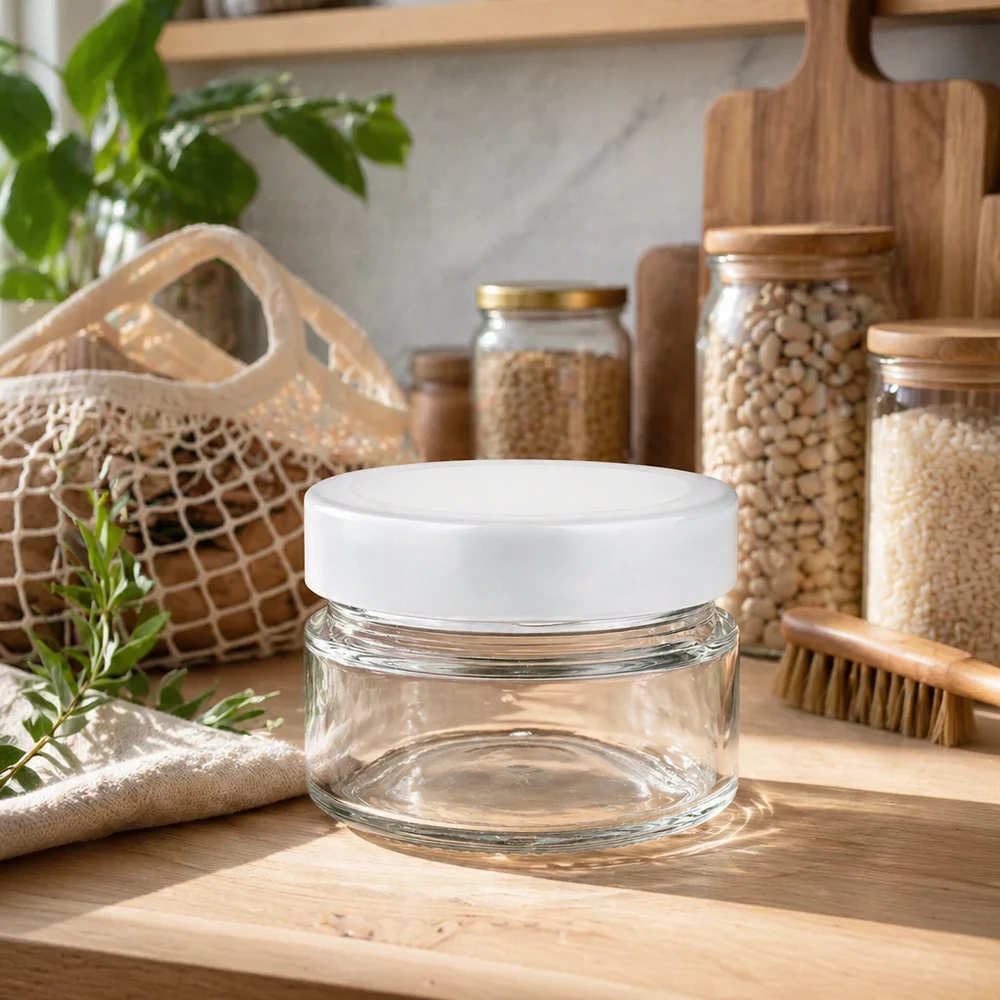 80 ml okrągły pojemnik szklany z pokrywką BasicSeal biała głęboka UN.. 80ml Rundglas mit BasicSeal Deckel auf Holzbrett in nachhaltiger Zero-Waste-Küche mit Vorratsglasern