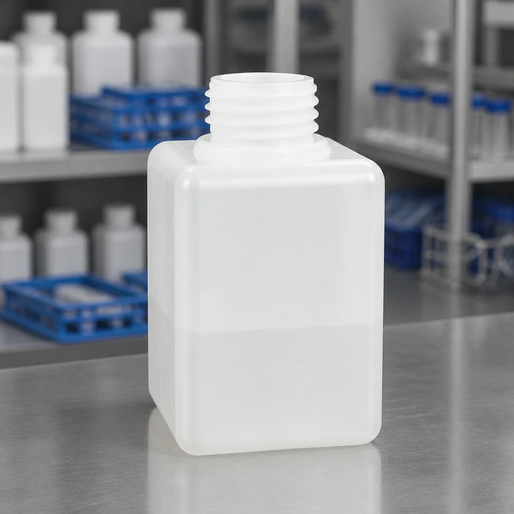 Butelka na chemikalia 100ml, wąska szyjka wykonana z PE-HD, kolor naturalny, GL 25 Butelka z wąską szyjką z PE-HD, 100 ml, GL 25 – prostokątna butelka z tworzywa sztucznego do zastosowań w laboratoriach chemicznych