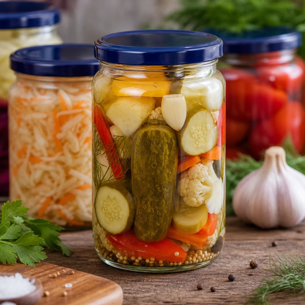 Słoik okrągły 795 ml + pokrywka BasicSeal niebieska UNiTWIST 795ml Rundglas mit blauem UNiTWIST Deckel gefüllt mit eingelegtem Mischgemüse Gurken und Gewürzen für Fermentation