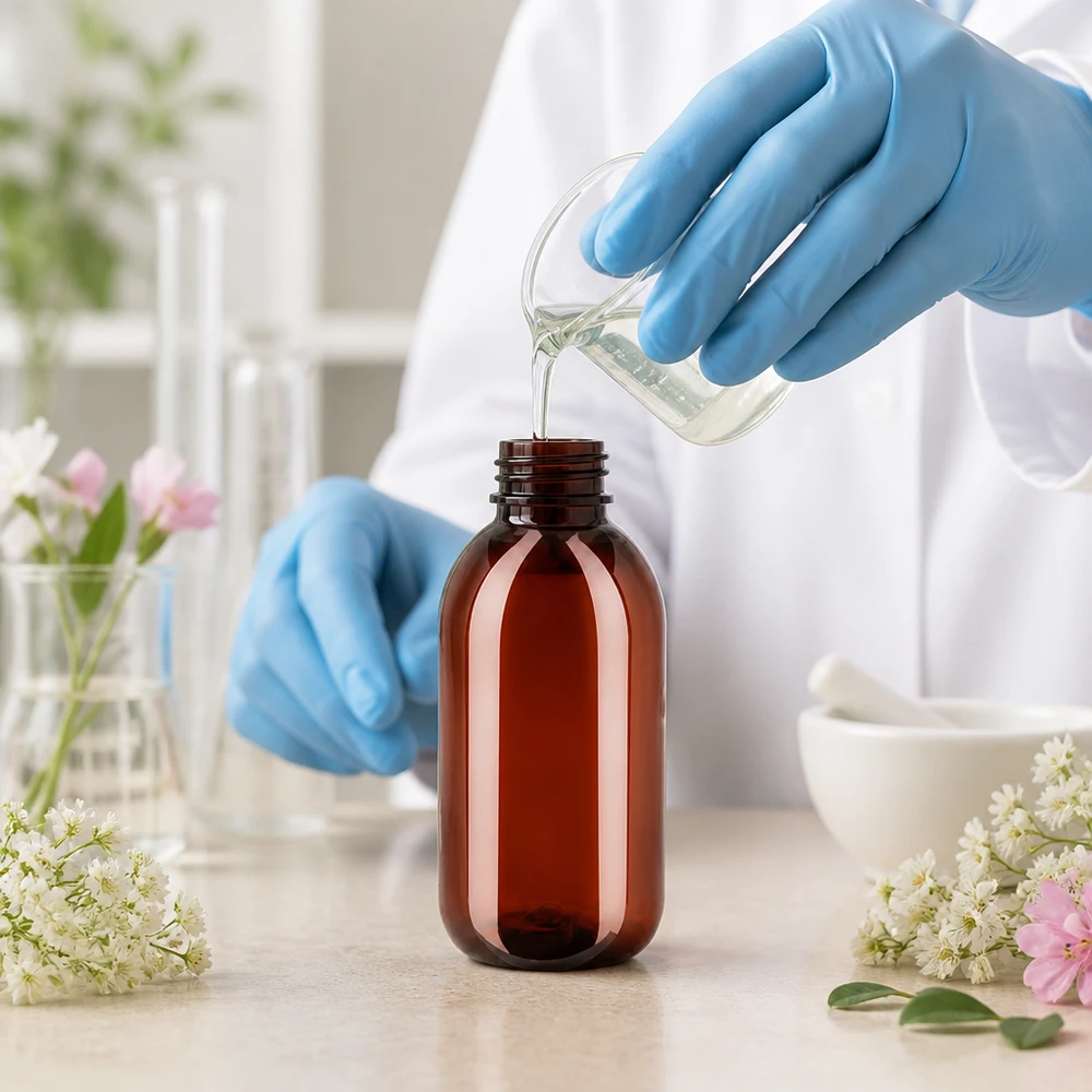 PET Flasche 250ml mit kindersicherem OV Verschluss und Dosierbecher für homöopathische Zubereitungen