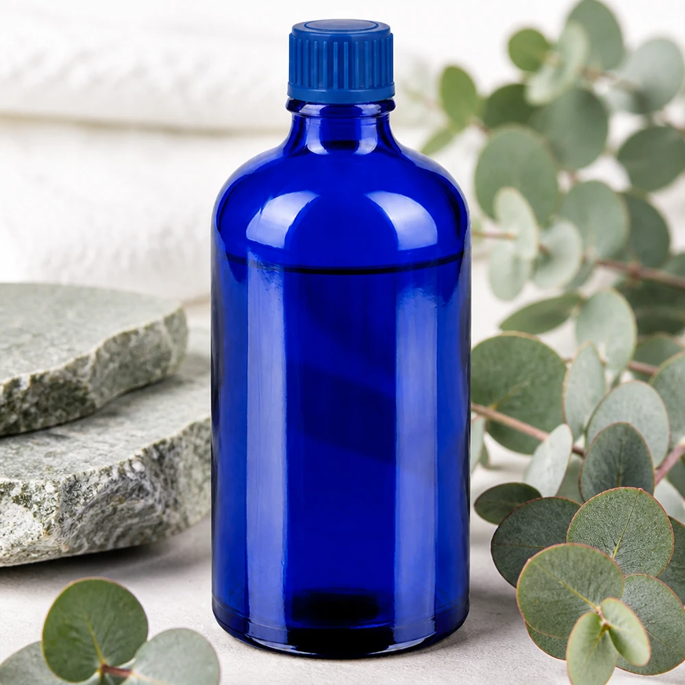 Butelka 100 ml 11 mm SV niebieski STD BlueLine UT18/100 Solidna butelka apteczna 100 ml wykonana z wysokiej jakości niebieskiego szkła z bezpieczną zakrętką