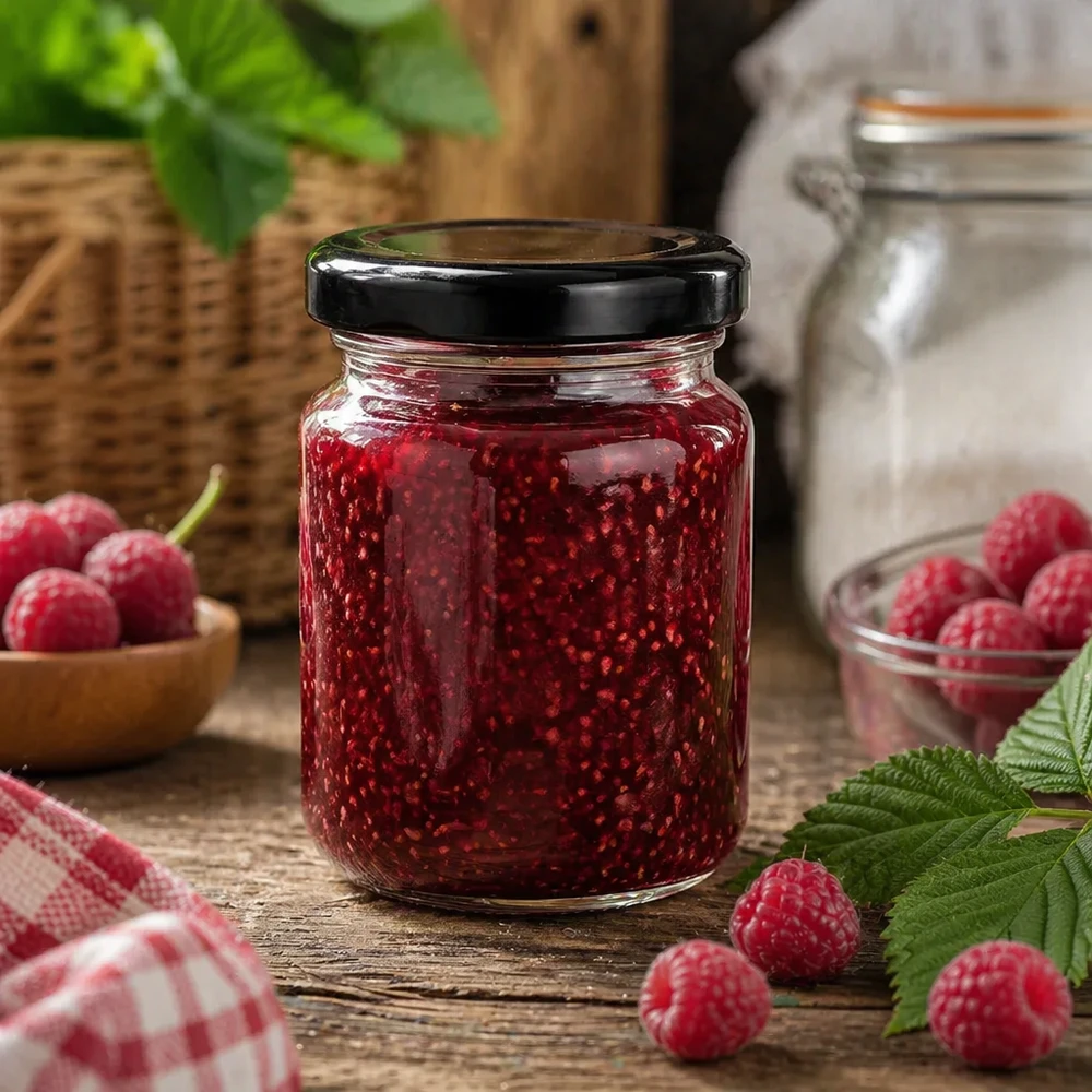 53 ml okrągły słoik z czarną pokrywką wypełniony dżemem malinowym rustykalna kuchnia słoik na dżem ze świeżych jagód