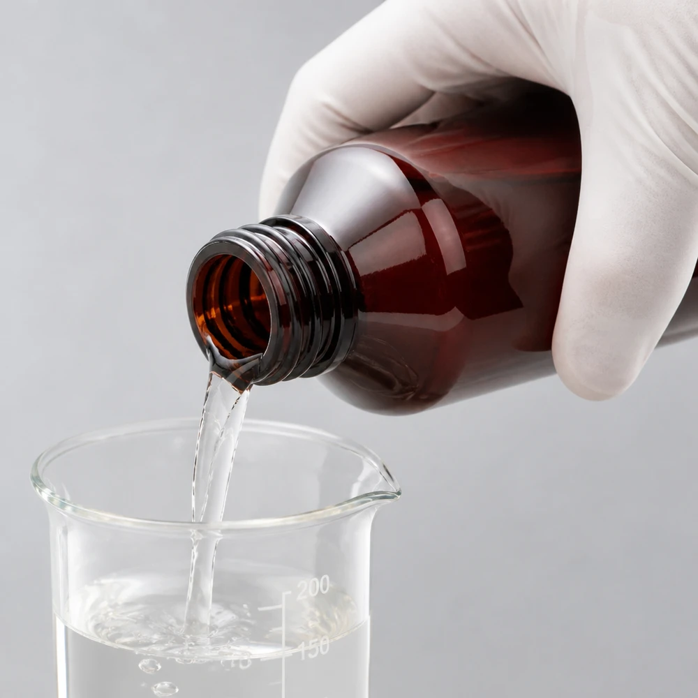 Klare Flüssigkeit wird aus 200ml bernsteinfarbener PET Flasche in Glasmessbehälter gegossen