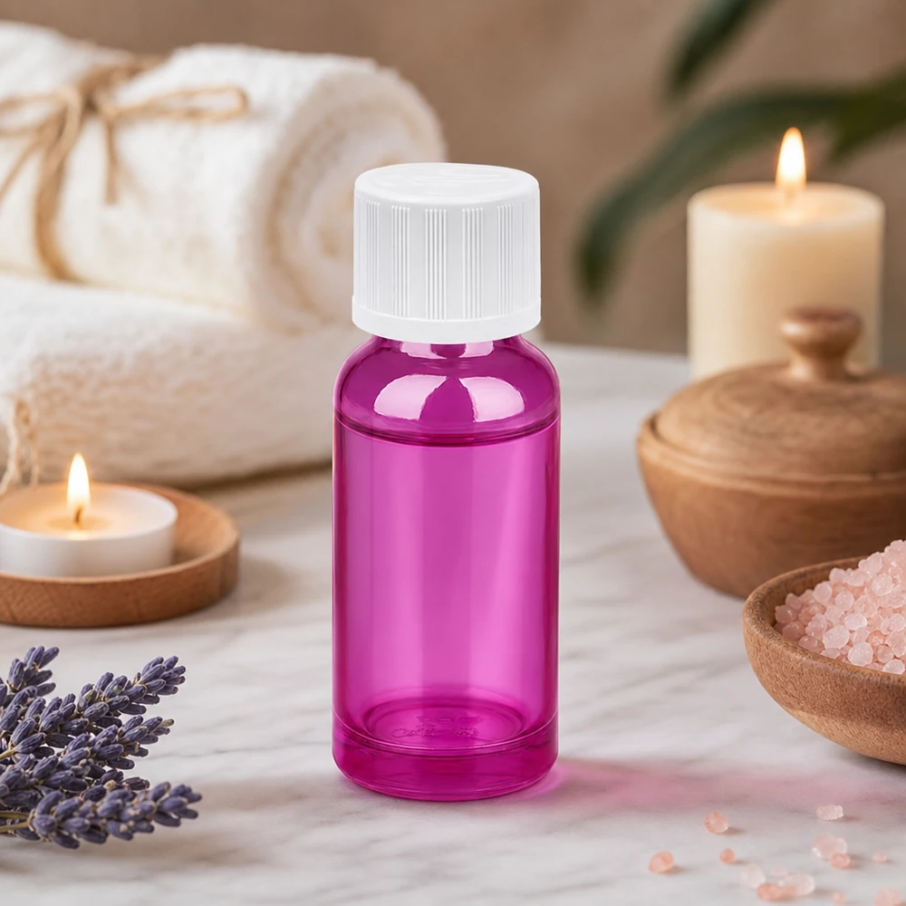 Butelka z zakraplaczem 20 ml 1,2 mm biała, standardowo zabezpieczona przed dziećmi PurpleLine.UT18/20 Butelka z zakraplaczem 20 ml w kolorze fioletowym ze standardową zakrętką do zastosowań w aromaterapii i produktach wellness